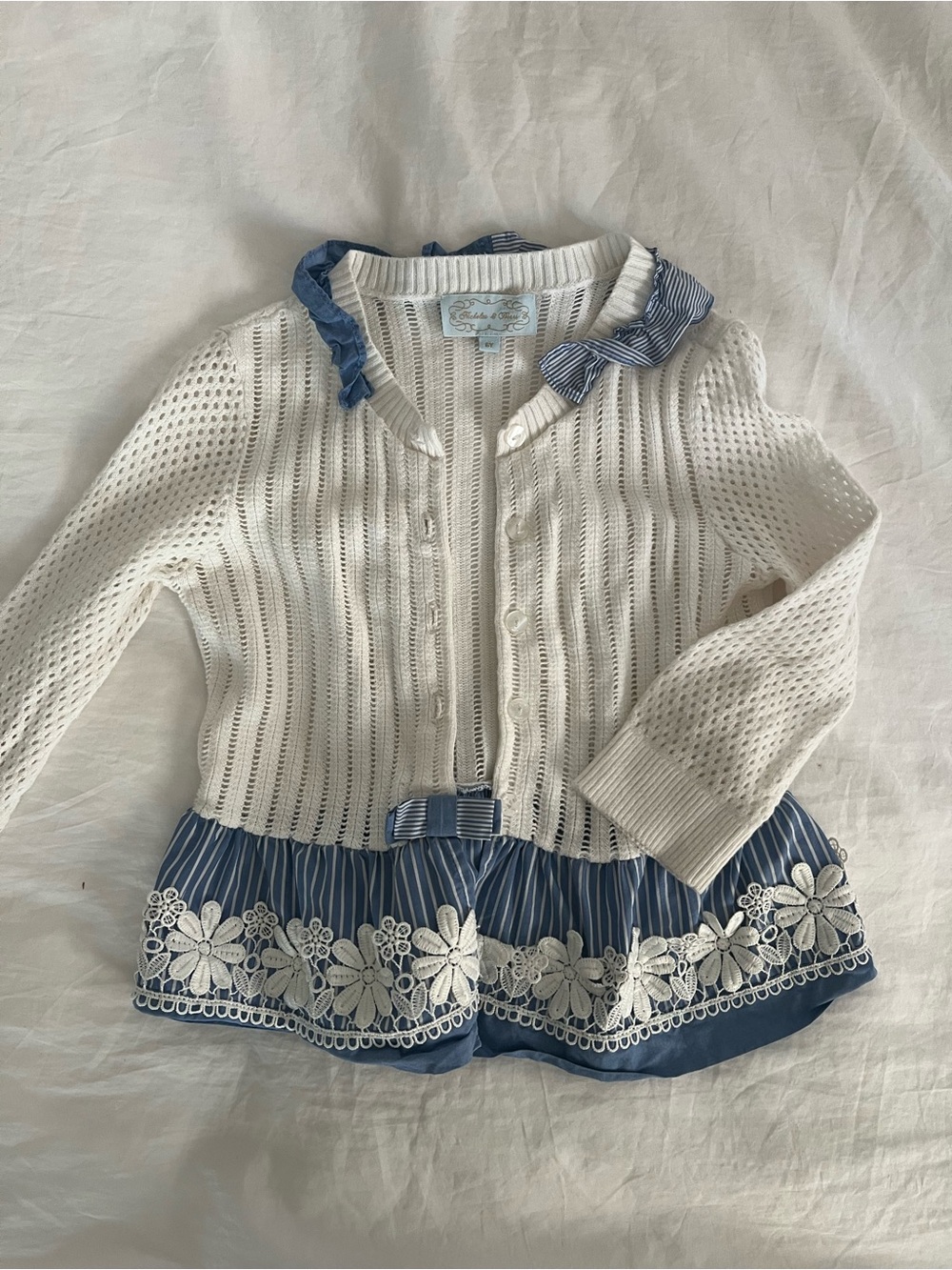 White Knit Cardigan with Blue Trim and Floral Hem sz 6